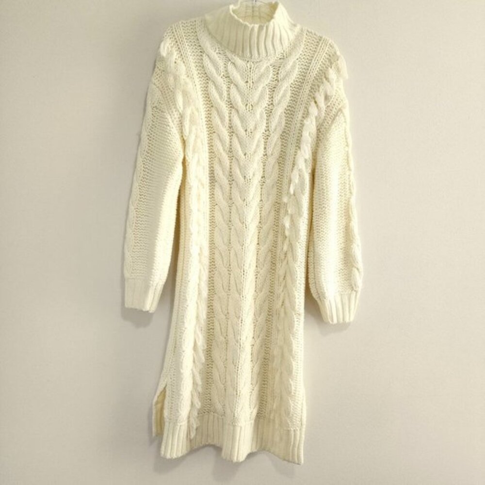 Farm Rio Sweater Womens Dress Size Small Ivory Midi Cable Knit High Neck Fringe